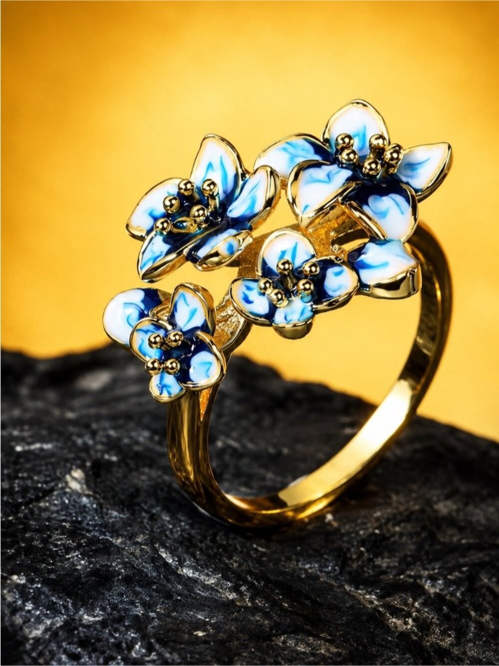 925 Silver Creative Blue Flower Enamel Epoxy Zircon Ring